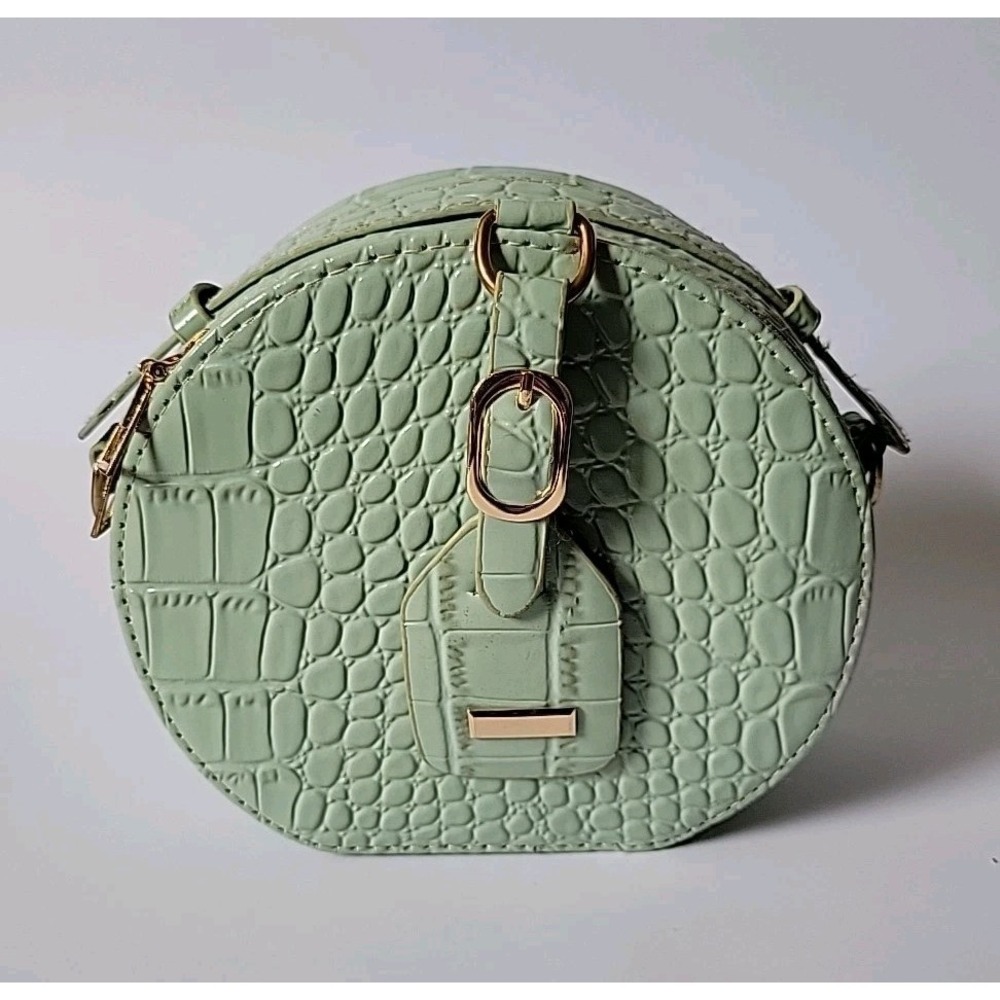 Calpak Round Croc Embossed Vegan Leather Purse Seafoam Top Handle Zip Around - Picture 2 of 13